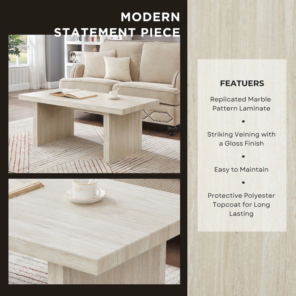 Cavira 3-Piece Faux Marble Coffee Table Set, Table and Two End Tables, Beige