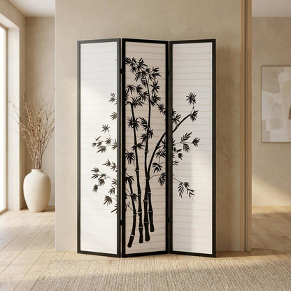 Black 3-Panel Wood Folding Room Divider, Rice Paper, 72 Inch