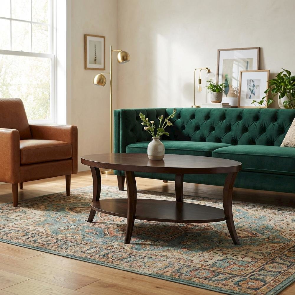 Espresso Oval Coffee Table with Shelf and Sturdy Construction for Living Room