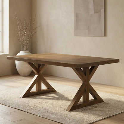 Brushed Driftwood Trestle Dining Table, Farmhouse Style, Seats 6