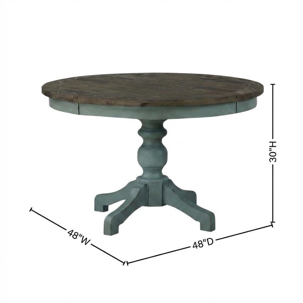 Blue Brown Round Dining Table, Farmhouse Style, Seats 4