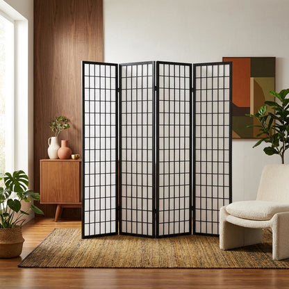Black 4-Panel Wood Folding Room Divider, Rice Paper, 71 Inch
