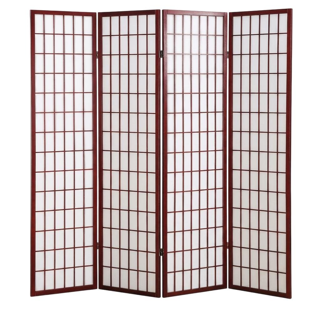 Cherry 4-Panel Wood Folding Room Divider, Rice Paper, 71 Inch