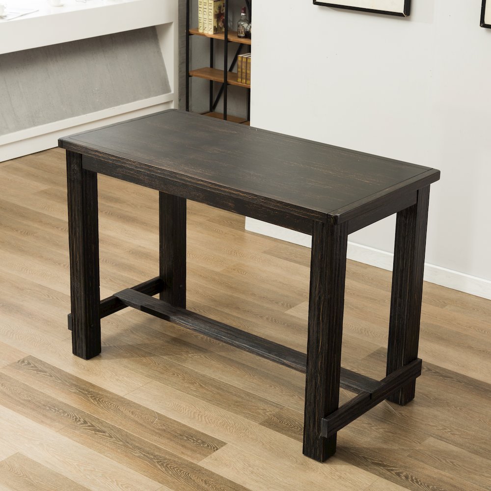 7-Piece Bar Height Antique Black Wood Dining Table, 6 Brown Faux Leather Chairs