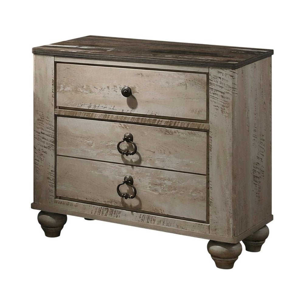 White Wash Finish Nightstand with 3 Drawers and Patched Wood Top