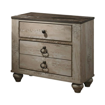 White Wash Finish Nightstand with 3 Drawers and Patched Wood Top