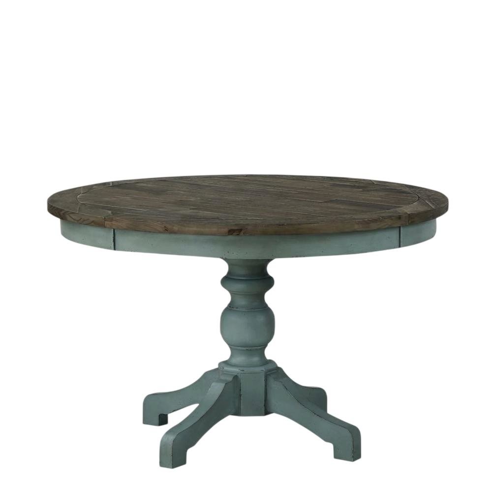 Blue Brown Round Dining Table, Farmhouse Style, Seats 4