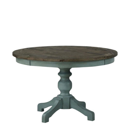 Blue Brown Round Dining Table, Farmhouse Style, Seats 4