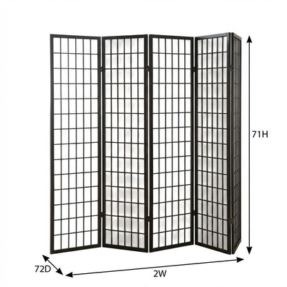 Black 4-Panel Wood Folding Room Divider, Rice Paper, 71 Inch