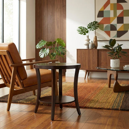 Espresso Round End Table with Lower Shelf for Living Room Ambiance