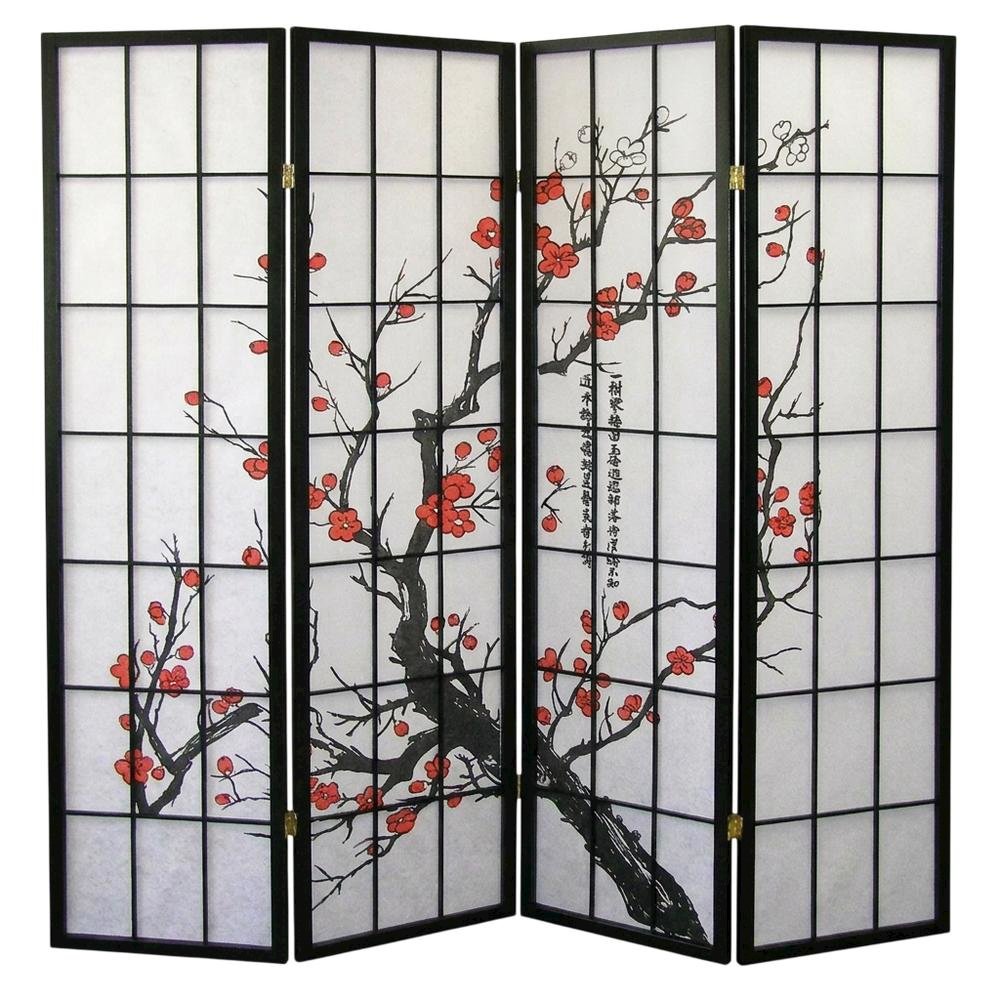 Black Japanese 4-Panel Room Divider with Plum Blossom Design