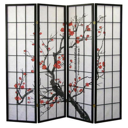 Black Japanese 4-Panel Room Divider with Plum Blossom Design