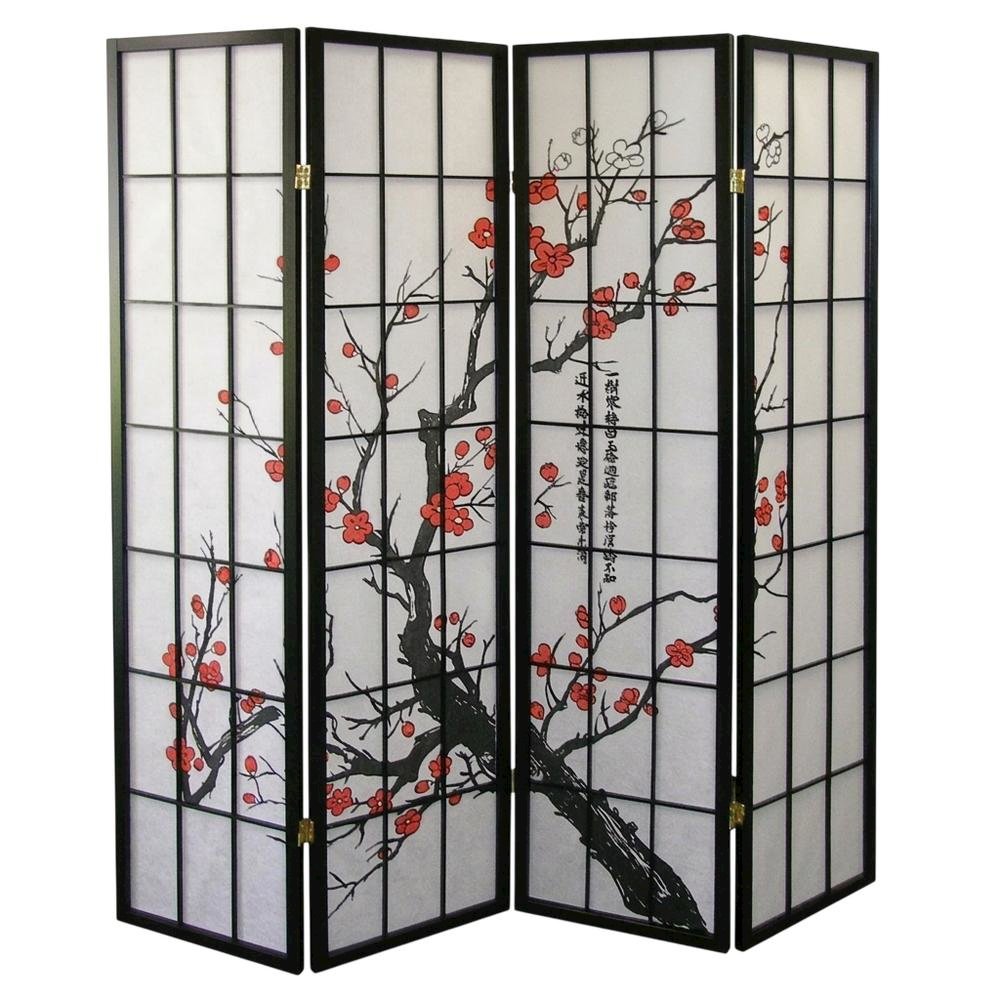 Black Japanese 4-Panel Room Divider with Plum Blossom Design