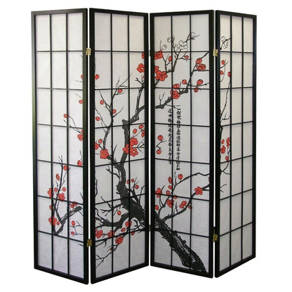 Black Japanese 4-Panel Room Divider with Plum Blossom Design