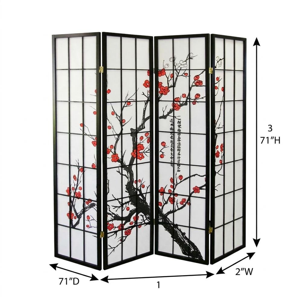 Black Japanese 4-Panel Room Divider with Plum Blossom Design