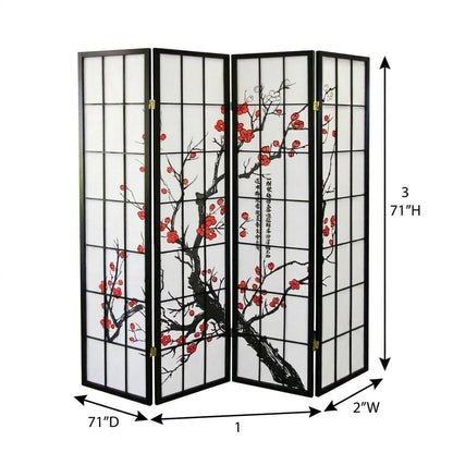 Black Japanese 4-Panel Room Divider with Plum Blossom Design