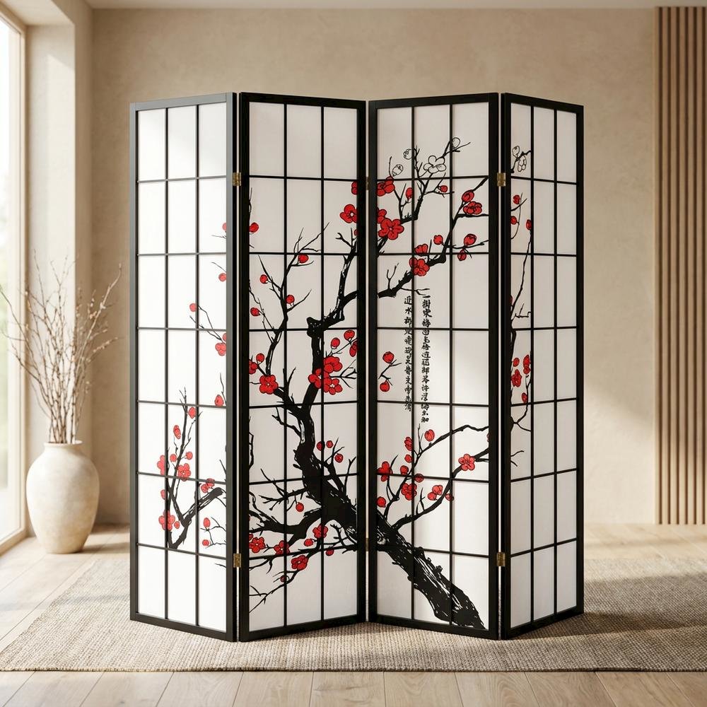 Black Japanese 4-Panel Room Divider with Plum Blossom Design