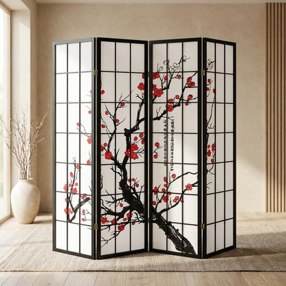 Black Japanese 4-Panel Room Divider with Plum Blossom Design