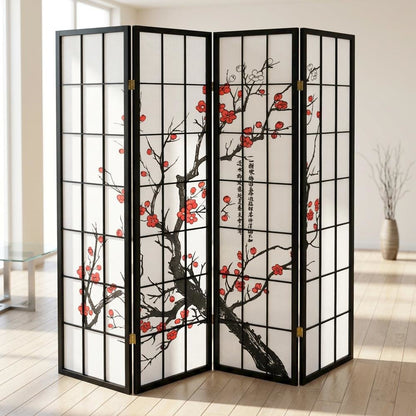 Black Japanese 4-Panel Room Divider with Plum Blossom Design