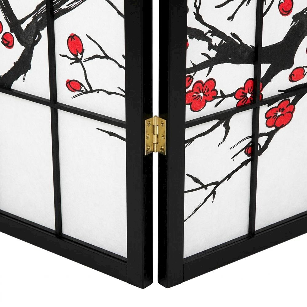 Black Japanese 4-Panel Room Divider with Plum Blossom Design