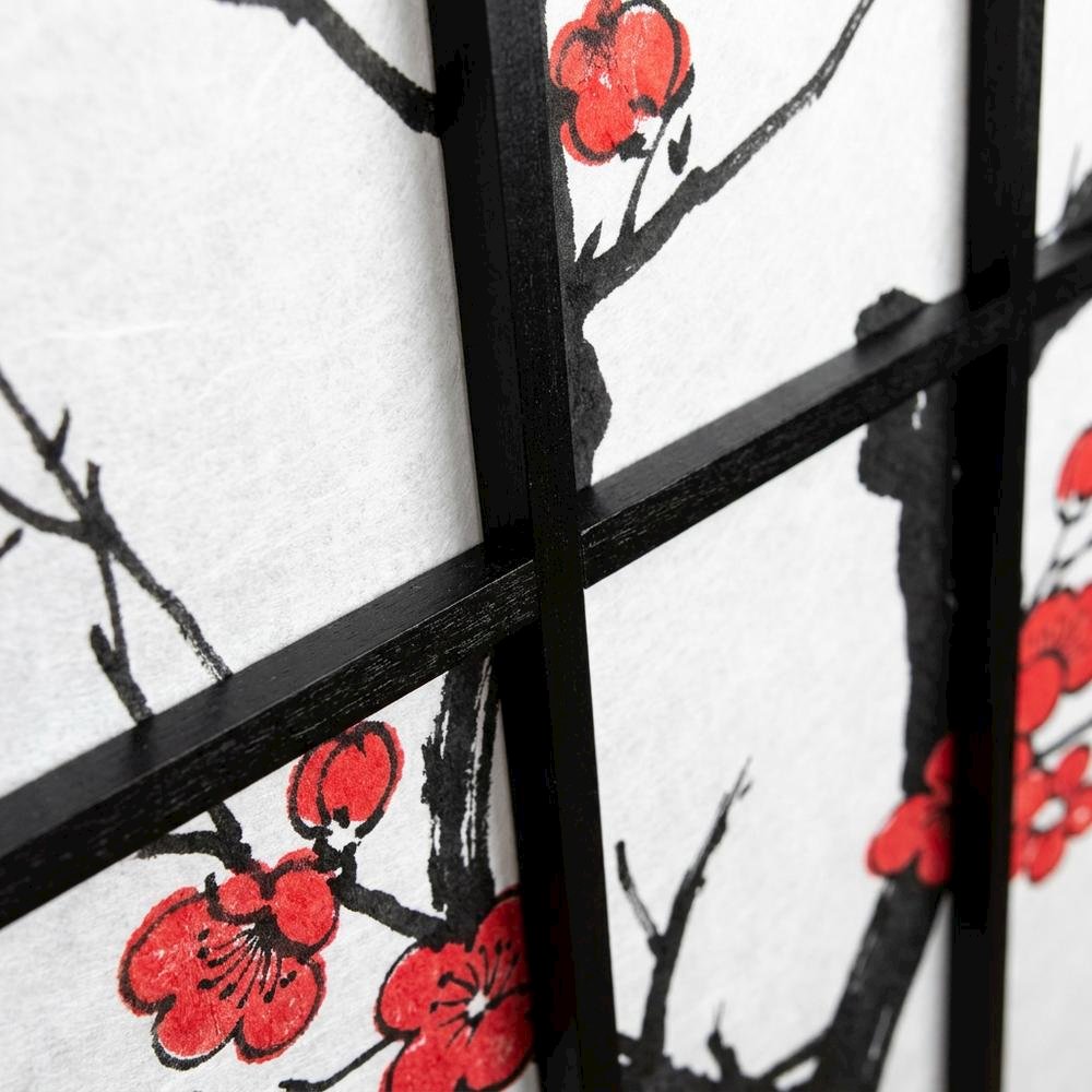 Black Japanese 4-Panel Room Divider with Plum Blossom Design