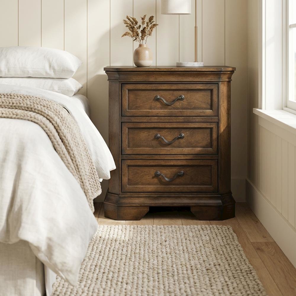 Wooden Nightstand in Antique Walnut Finish with 3 Drawers for Bedroom Storage