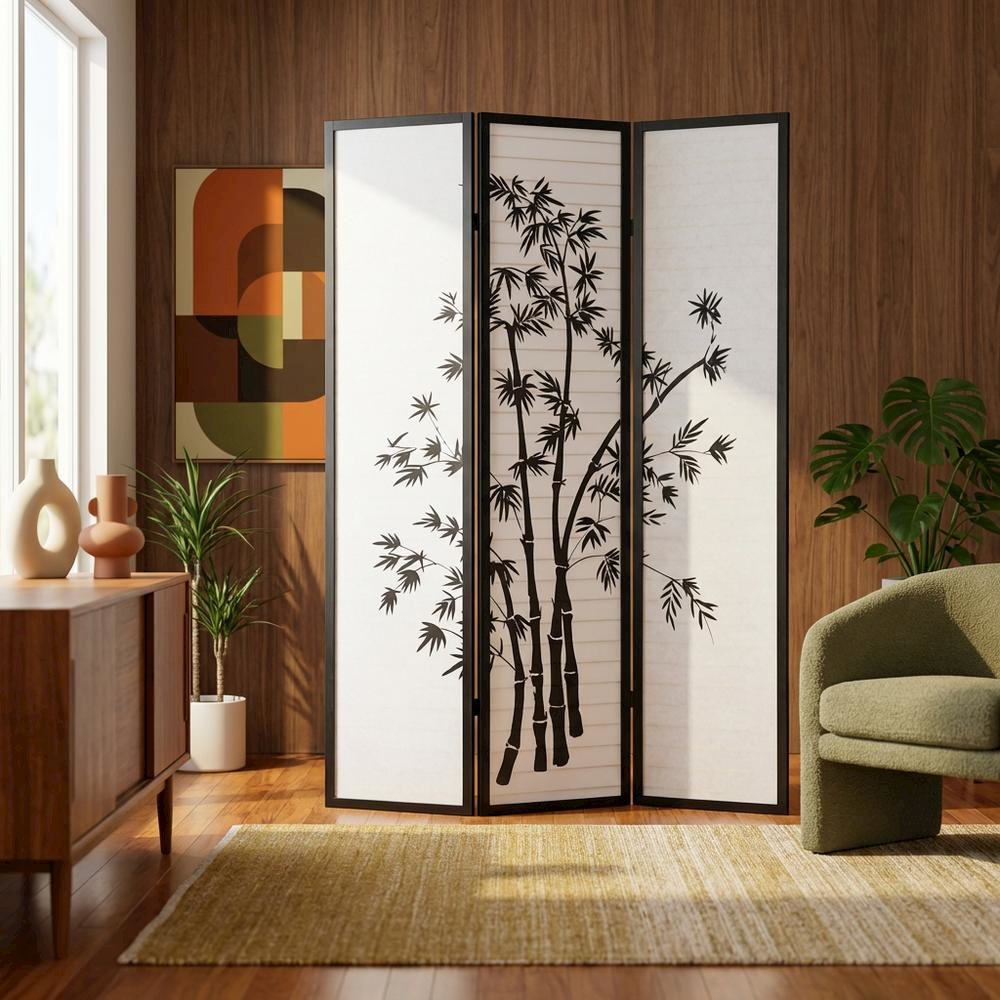 Black 3-Panel Wood Folding Room Divider, Rice Paper, 72 Inch