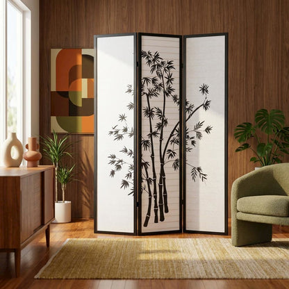 Black 3-Panel Wood Folding Room Divider, Rice Paper, 72 Inch