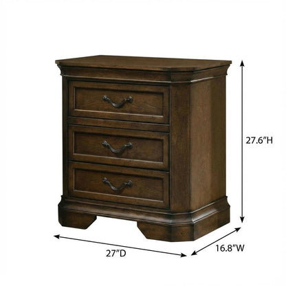 Wooden Nightstand in Antique Walnut Finish with 3 Drawers for Bedroom Storage