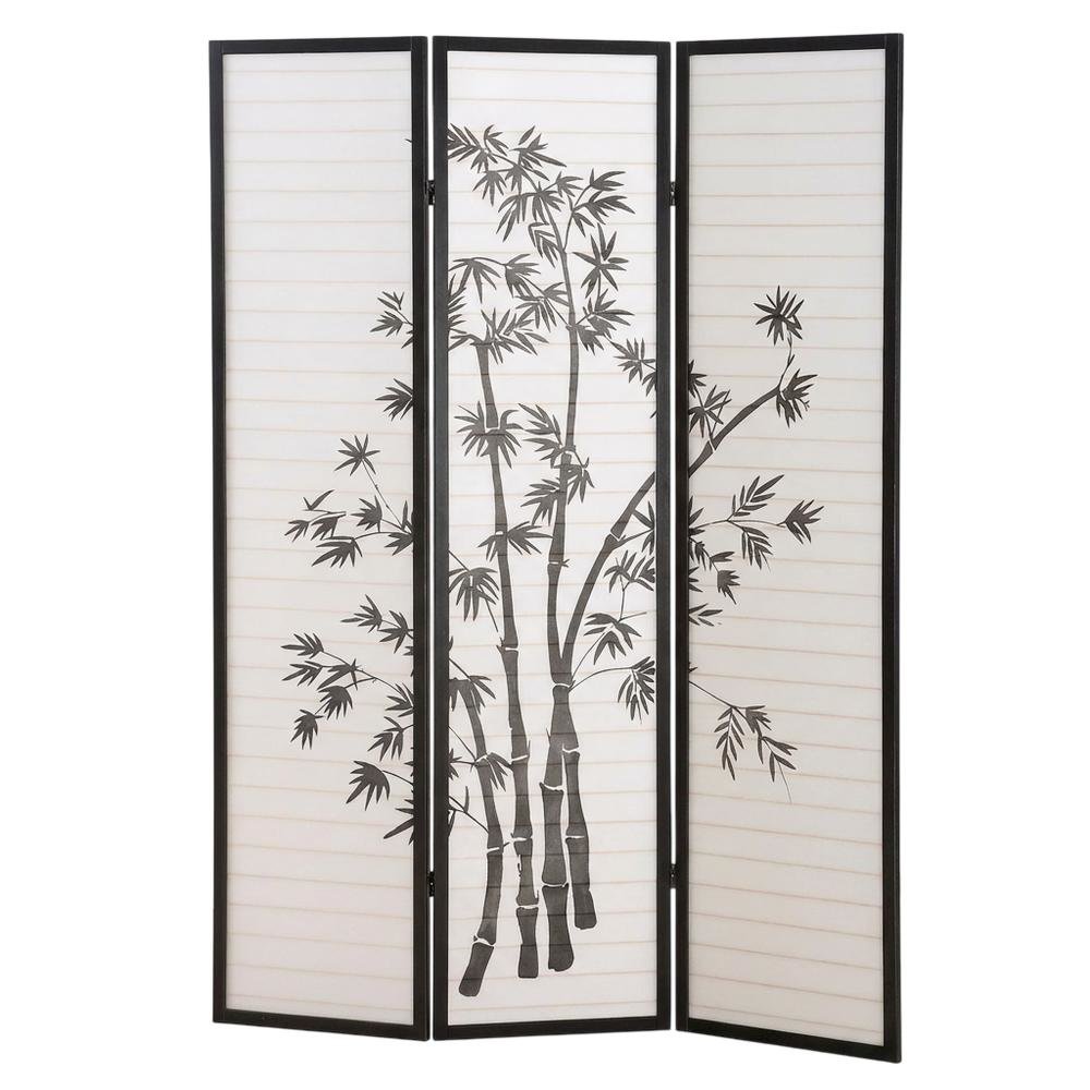 Black 3-Panel Wood Folding Room Divider, Rice Paper, 72 Inch