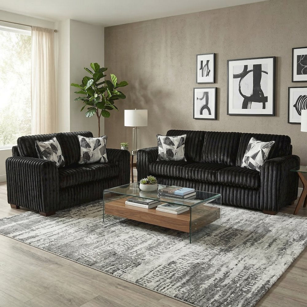 Nolan 3-Piece Living Room Set, Sofa Loveseat and Chair, Lush Black