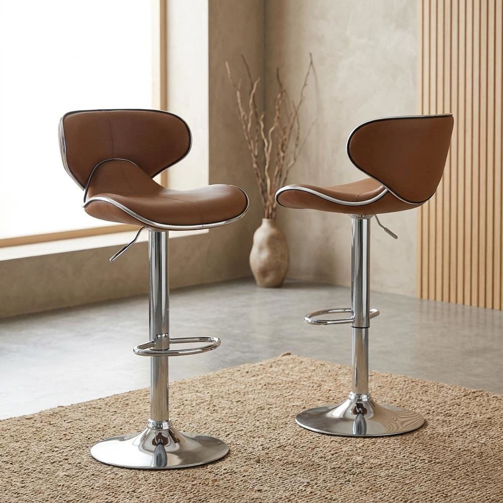 Caramel Leatherette Swivel Barstool Set with Chrome Base and Adjustable Height