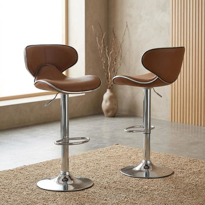 Caramel Leatherette Swivel Barstool Set with Chrome Base and Adjustable Height