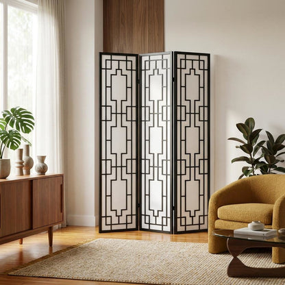 Natural 3-Panel Wood Folding Room Divider, Fabric, 70 Inch