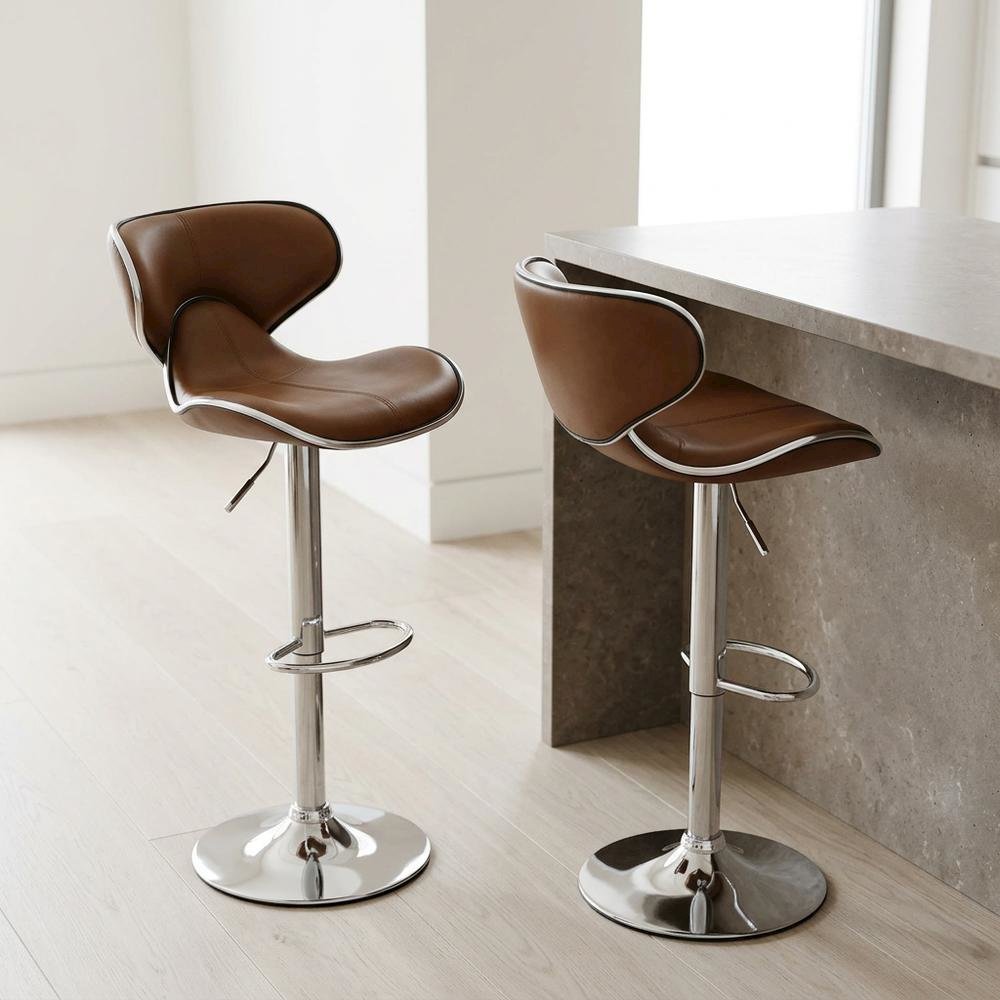 Caramel Leatherette Swivel Barstool Set with Chrome Base and Adjustable Height