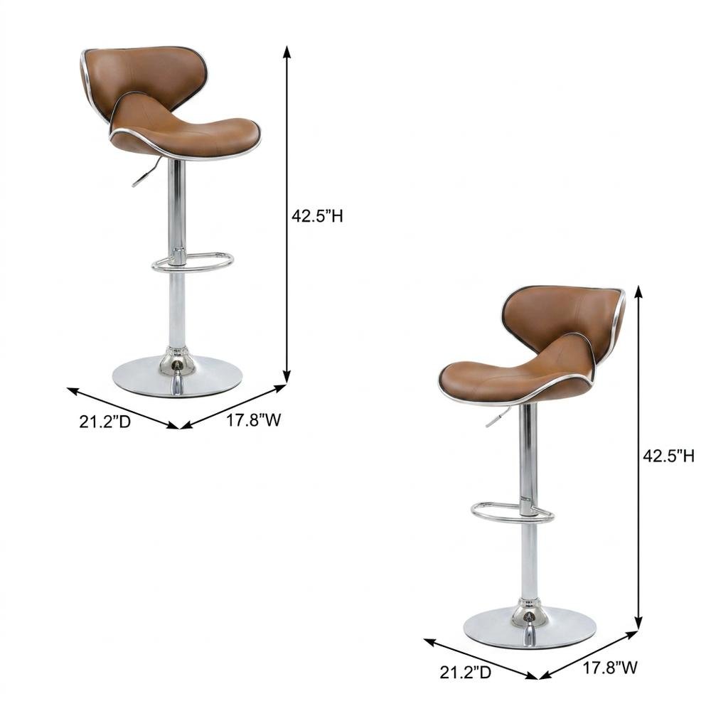 Caramel Leatherette Swivel Barstool Set with Chrome Base and Adjustable Height