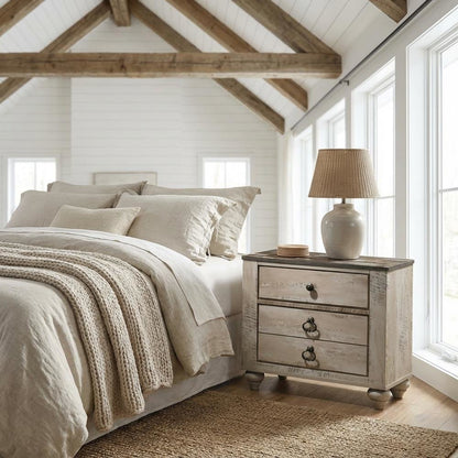 White Wash Finish Nightstand with 3 Drawers and Patched Wood Top