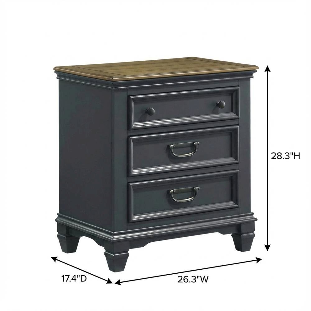 Slate Blue Wood Nightstand with 3 Drawers for Bedroom Storage