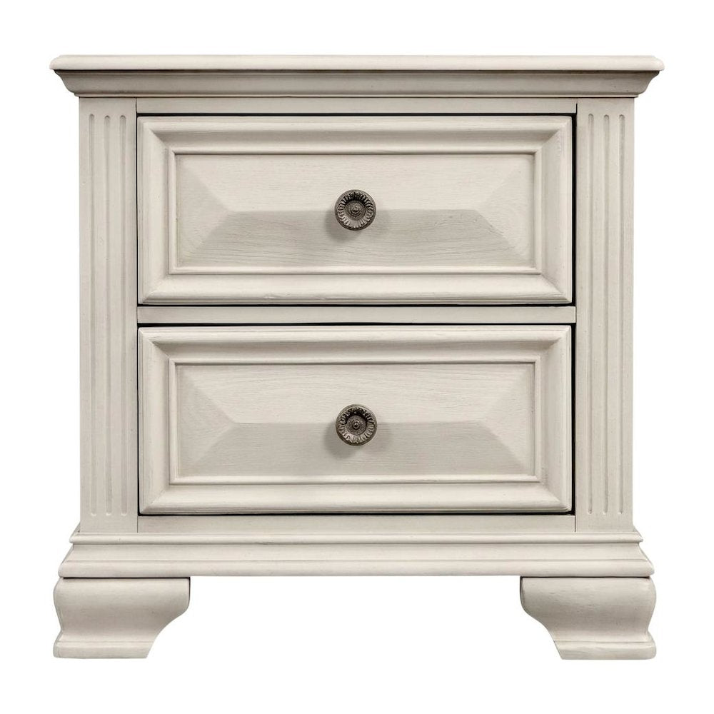 White Distressed Nightstand with 2 Drawers and Rustic Finish