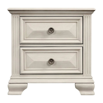 White Distressed Nightstand with 2 Drawers and Rustic Finish