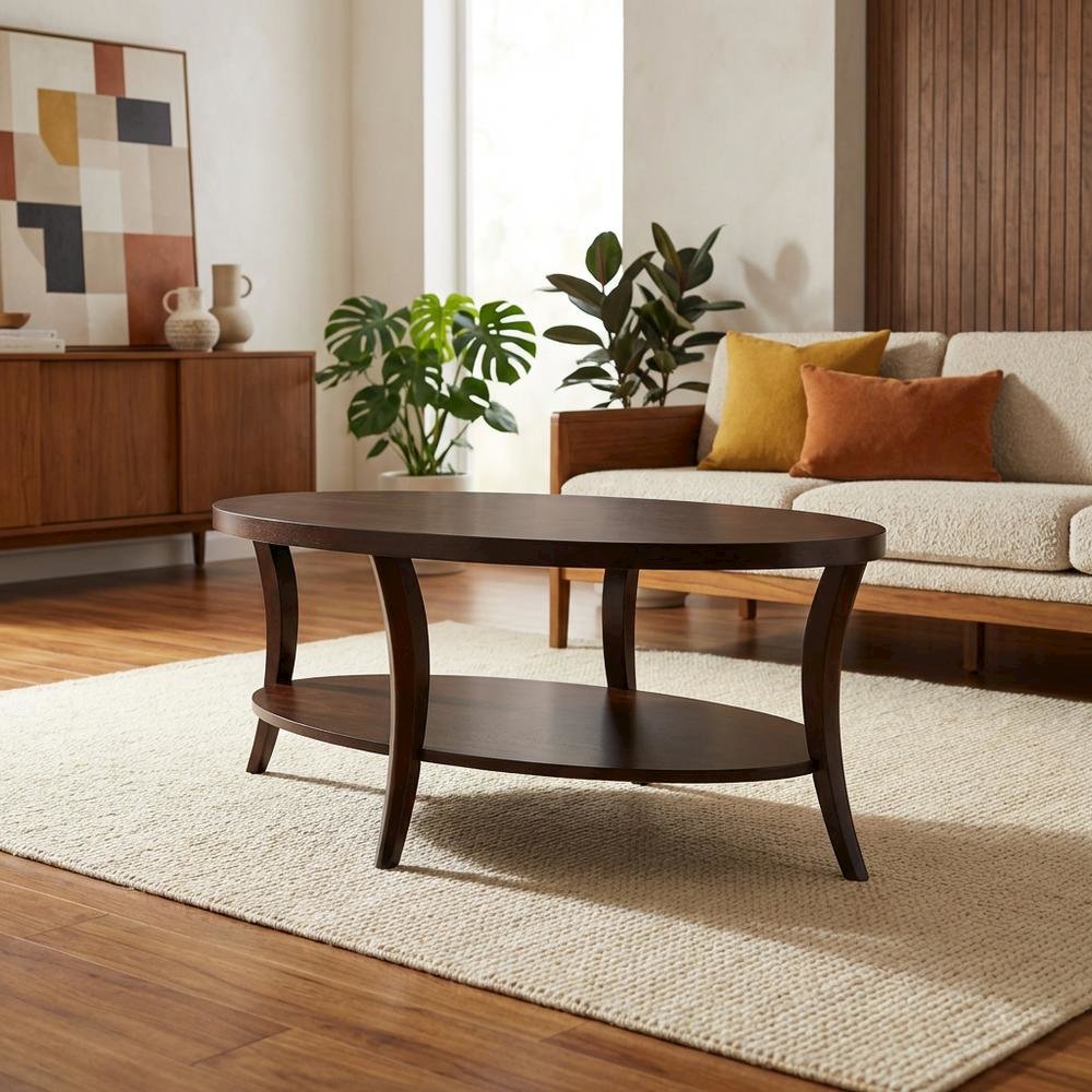 Espresso Oval Coffee Table with Shelf and Sturdy Construction for Living Room