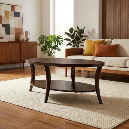 Espresso Oval Coffee Table with Shelf and Sturdy Construction for Living Room