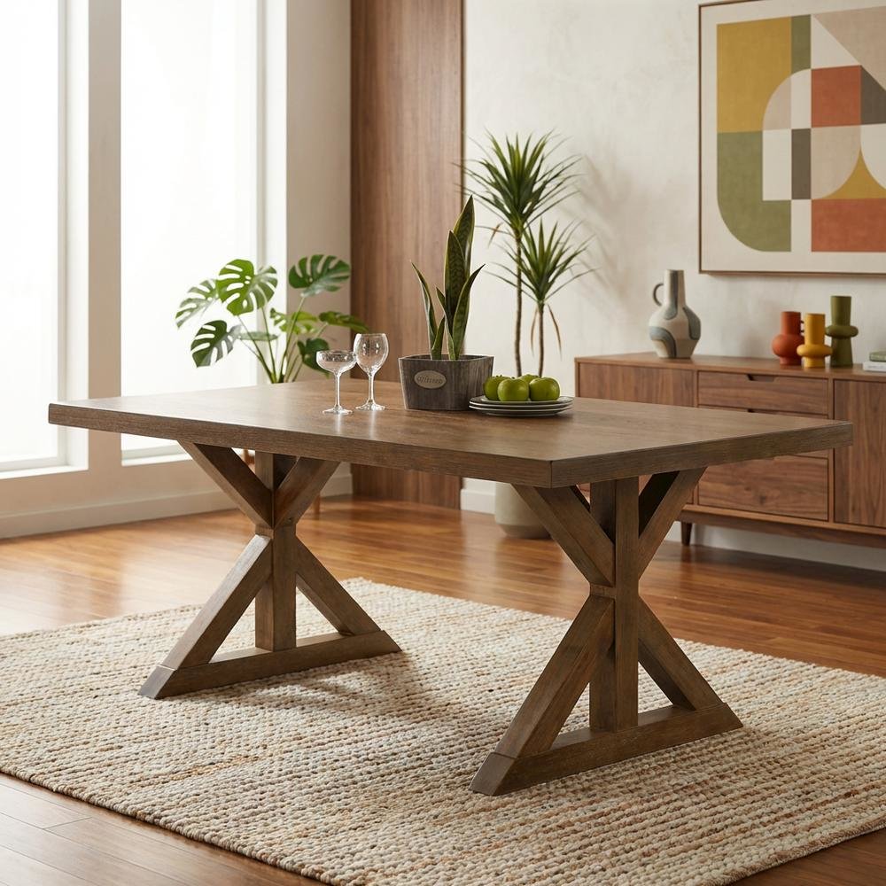 Brushed Driftwood Trestle Dining Table, Farmhouse Style, Seats 6