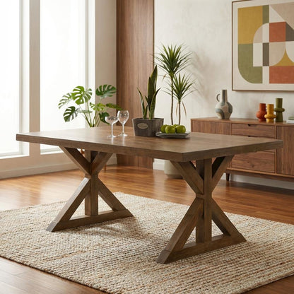 Brushed Driftwood Trestle Dining Table, Farmhouse Style, Seats 6