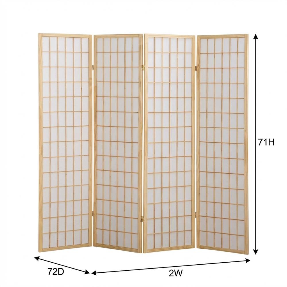 Natural 4-Panel Wood Folding Room Divider, Rice Paper, 71 Inch