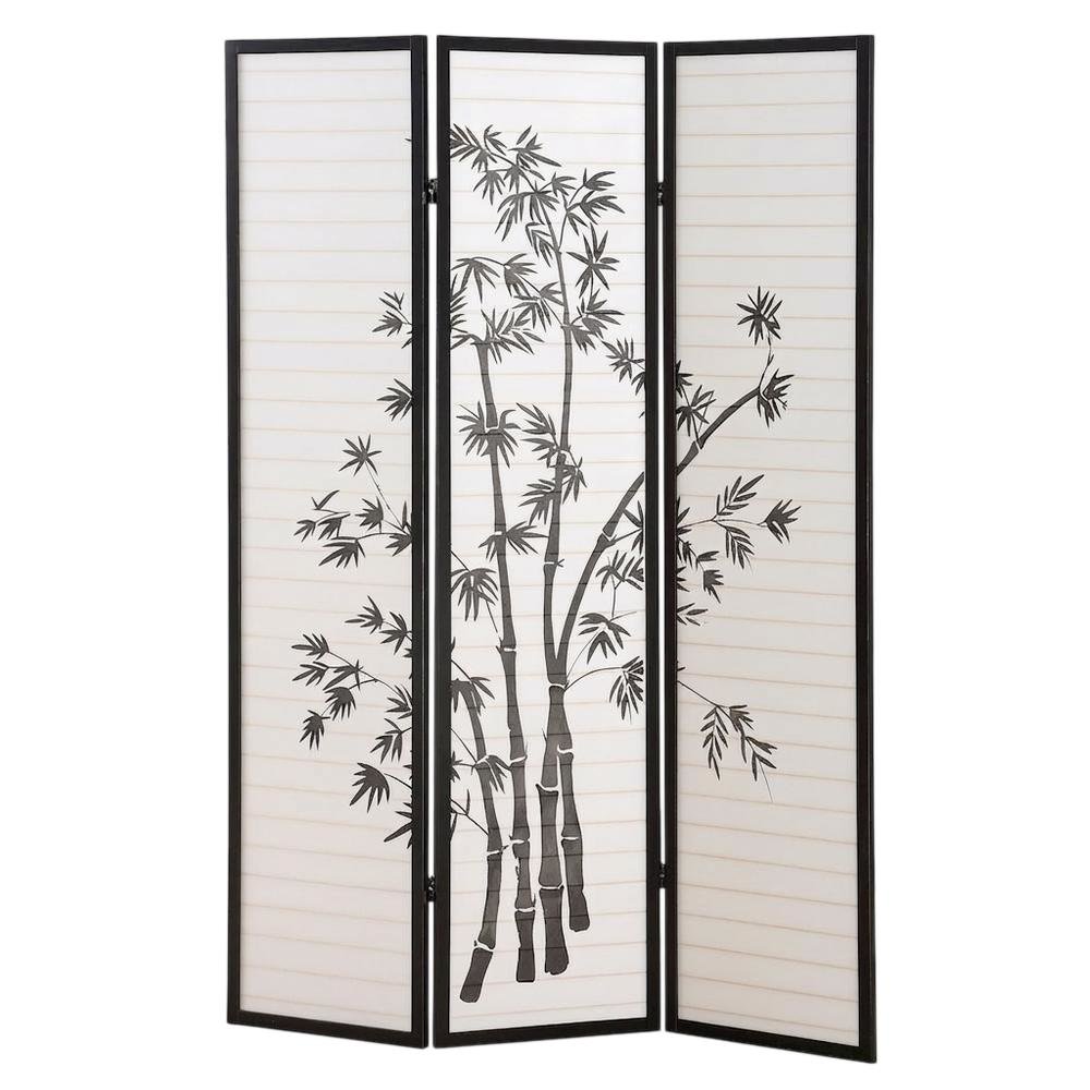Black 3-Panel Wood Folding Room Divider, Rice Paper, 72 Inch