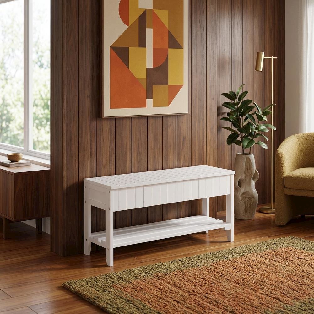 White Solid Wood Shoe Bench with Storage, Entryway Seating and Organizer