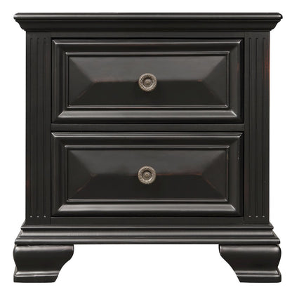 Vintage Black Wood Bedroom Set, Queen Bed, Dresser, Mirror,2 Nightstands, Chest