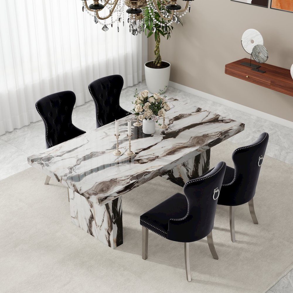 Cavira 7-Piece Dining Set, Faux Marble Dining Table with Four Chairs, Black
