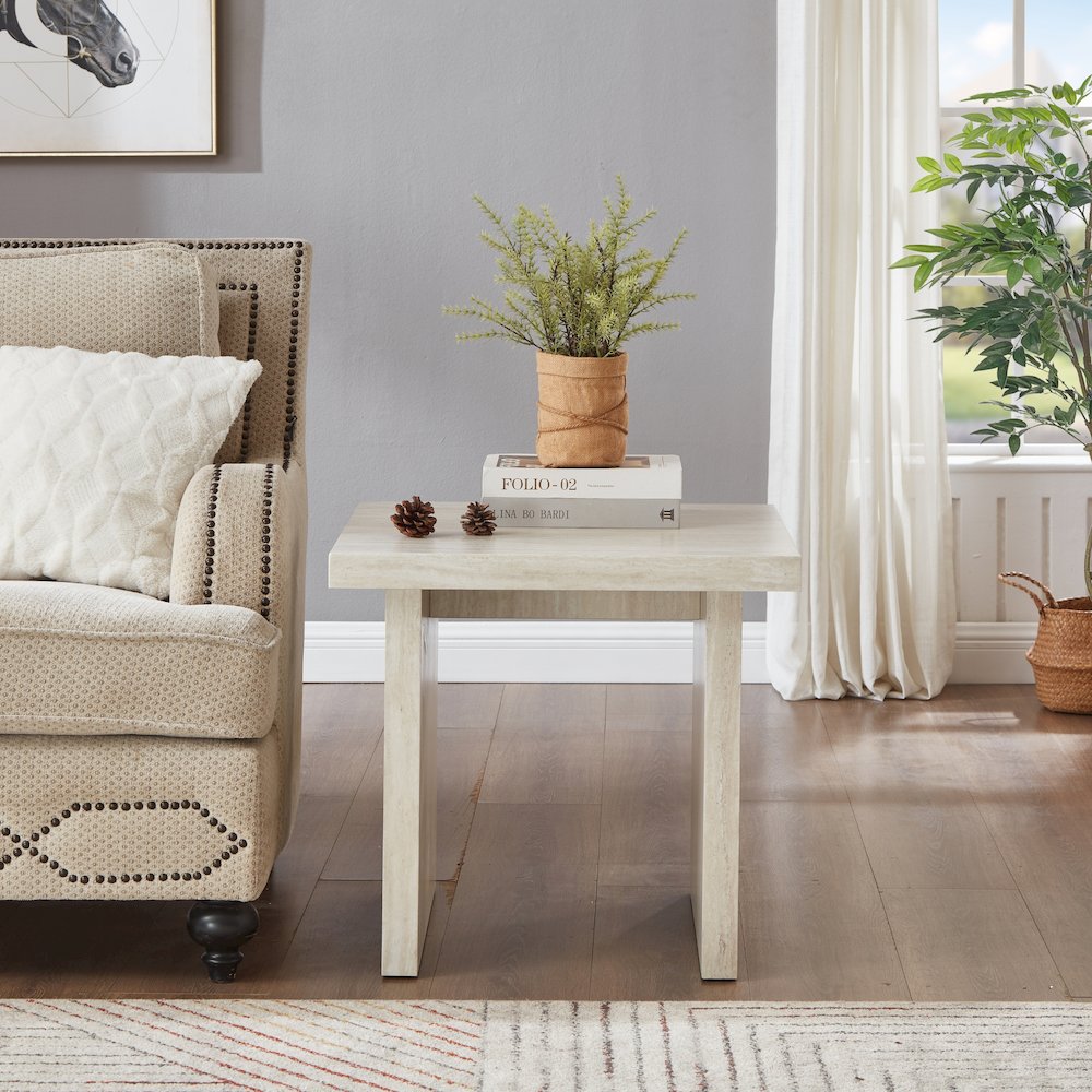 Cavira 3-Piece Faux Marble Coffee Table Set, Table and Two End Tables, Beige